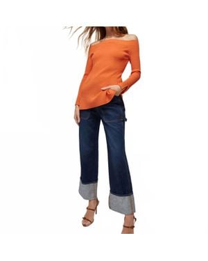 Veronica Beard Derick Ribbed Off-Shoulder Pullover Tee - Blue