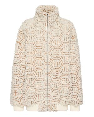 Philipp Plein Teddy Maxi Bomber Jacket Monogram - Natural