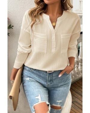 TRUEDAMES Pleated V Neck Pockets Button Drop Shoulder Blouse - Blue