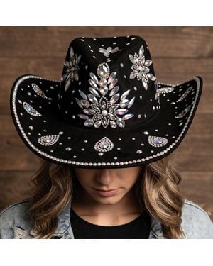 Fashnzfab Bold Decorative Floral Bling Rhinestone Embellished Western Cowboy Hat - Black