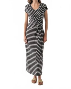 Elle Grey Striped Short Sleeve Wrap Midi Dress - Black