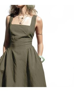 illa illa Linen Contrast Stitch Midi Dress - Green