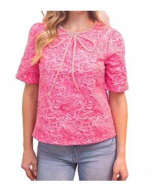 Voya Rhinestone Bow Shape Floral Jacquard Top - Pink