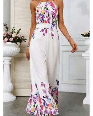 TRUEDAMES Summer Print Halter Tie-Front Wide-Leg Jumpsuit - White