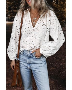 TRUEDAMES Eyelet Embroide Puff Sleeve V Neck Blouse - White