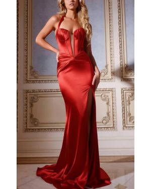 Jovani Strapless Fitted Satin Gown With Corset And Train - Red