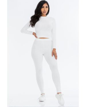 Fashnzfab Ribbed Mock Neck Long Sleeve Top & Leggings Set - White