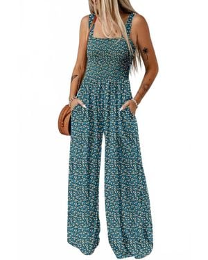 1 the Woman Boho Floral Print Jumpsuit - Blue