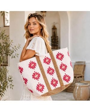 Fashnzfab Oversized Boho Woven Geometric Pattern Carryall Shoulder Tote Bag - Red
