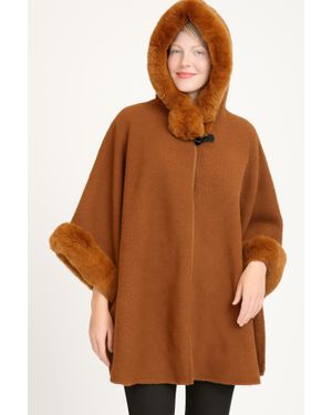 TRUEDAMES Hooded Faux Fur Trim Cape - Brown