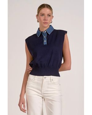 Elan Cap Sleeve Mixed Media Top - Blue