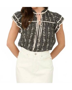 Mine Stripe Floral Tie Front Ruffle Top - Black