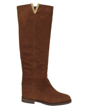 Via Roma 15 Tan Suede Internal Wedge V-Detail High Boots - Brown