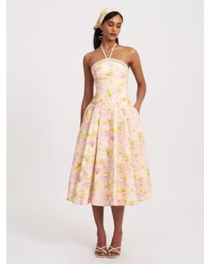 Miss Circle Zaina Floral Print Lace Trim Linen Midi Dress - Natural