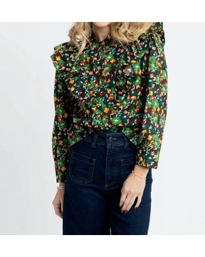 Karlie Floral Ruffle Button Up Top - Green
