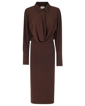 ANDAMANE Lilia Deep V-Neck Buttoned Collar Midi Dress - Brown