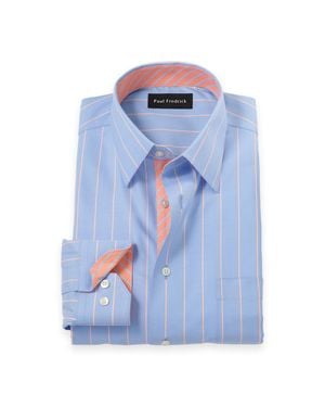 Paul Fredrick Tailored Fit Travel Cotton Blend Stripe Dress Shirt With Contrast Trim - Blue