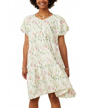 Hayden LA Textured Floral Button Detail Bubble Sleeve Dress - White