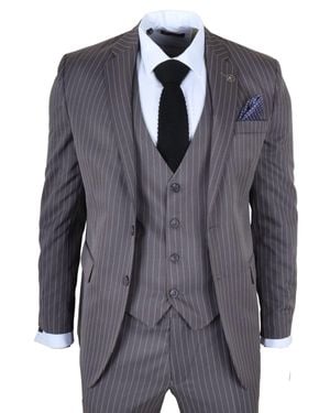 TruClothing Classic Pinstripe 3 Piece Suit Tailored Fit Formal Set - Blue