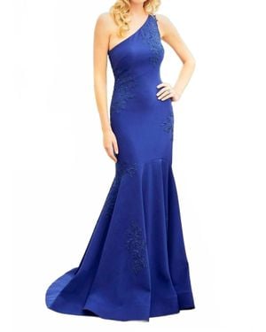 Mori Lee Beaded Lace One Shoulder Gown - Blue