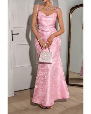 TRUEDAMES Solid Floral Jacquard Satin Prom Full Dress - Pink