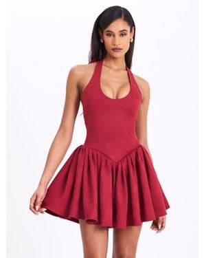 Miss Circle Hadara Burgundy Suede Halter Mini Full Dress - Red