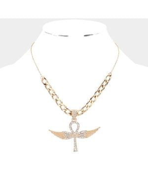 Fashnzfab Rhinestone Embellished Metal Angel Wing Key Pendant Chain Necklace - Metallic