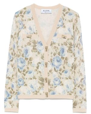 Blugirl Blumarine V-Neck Knitwear Sweater With Floral Pattern - Natural