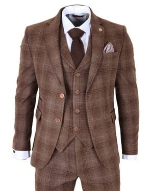 Infinity Leather Formal Tweed 3 Piece Check Vintage Gatsby Style Suit - Brown