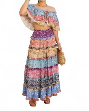SurelyMine Boho Floral Ruffle Crop Top & Maxi Skirt Set - White