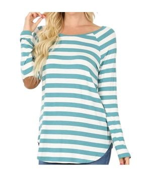 Zenana Striped Long Sleeve Boat Neck Top - Blue