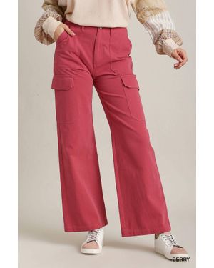 Umgee Solid Stone Washed Straight Cargo Pants - Red