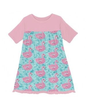 KICKEE Girl's Classic Short Sleeve Swing Dress - Blue