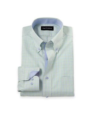 Paul Fredrick Travel Cotton Blend Check Dress Shirt With Contrast Trim - Blue
