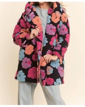 Davi & Dani Chunky Flower Embroidered Hoodie Coat Jacket - Pink