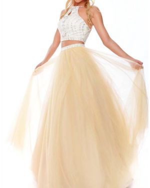 Precious Formals Two Piece Beaded Halter Evening Gown - Natural