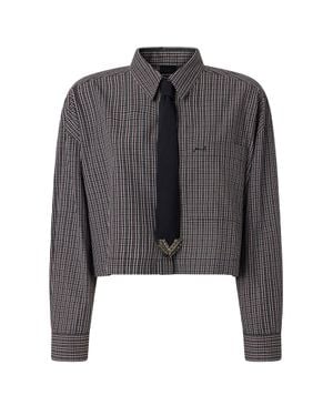 Pinko Cropped Oversized Checkered Shirt With Mother-Of-Pearl Buttons - Gray