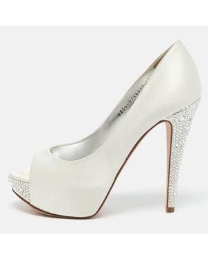 Gina Satin Jenna Crystal Embellished Heel Open Toe Platform Pumps - Natural