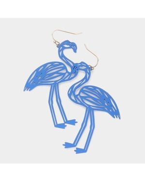 Fashnzfab Brass Metal Cutout Flamingo Dangle Earrings - Blue