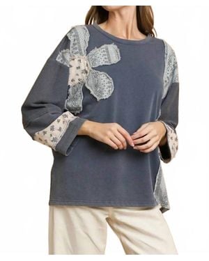 Umgee French Terry Patchwork Pullover - Blue