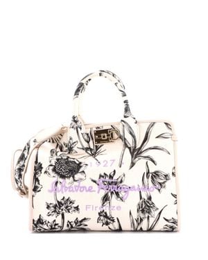 Ferragamo Studio Logo Satchel Printed Canvas - White