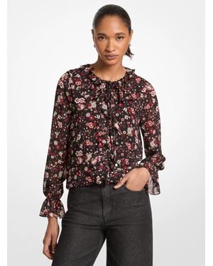 Michael Kors Outlet Ruffled Floral Print Georgette Top - Brown