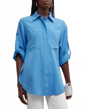Lafayette 148 New York Tab Sleeve Patch Pocket Silk Shirt - Blue