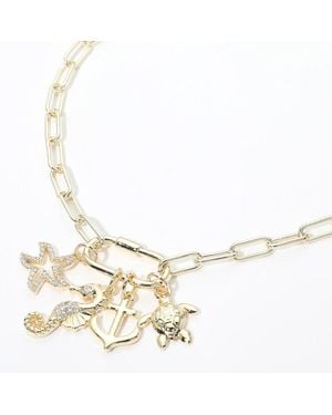 Fashnzfab 14K Plated Cz Pave Starfish Seahorse Turtle Anchor Charm Carabiner Pendant Paperclip Chain Necklace - Metallic