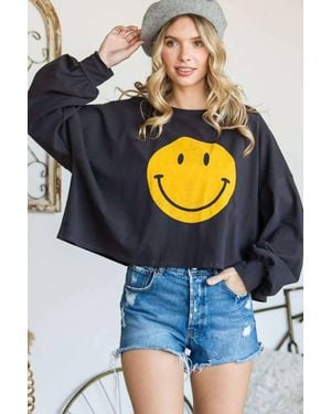 Jade By Jane Smiley Face Long Sleeve Crop Top - Blue