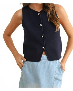 Miou Muse J'Adore Sculpted Metal Button Knit Vest - Blue
