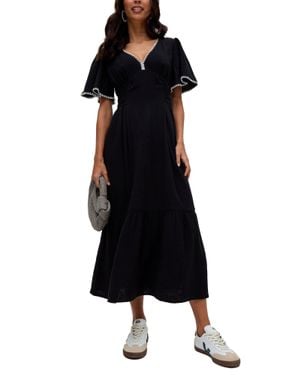 Raffya Delilah V-Neck Front Tie Midi Dress - Black