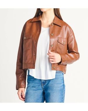 Dex Button Front Faux Leather Jacket - Brown