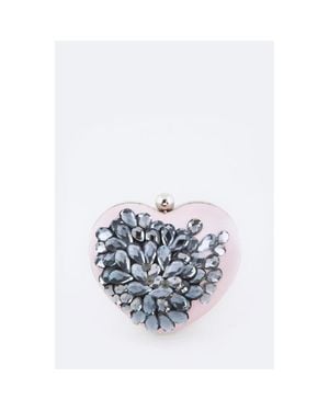 Fashnzfab Crystal Flower Statement Satin Heart Shape Clutch - White