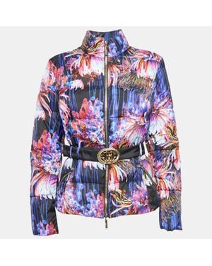 Roberto Cavalli Floral Print Nylon Puffer Down Jacket - Blue